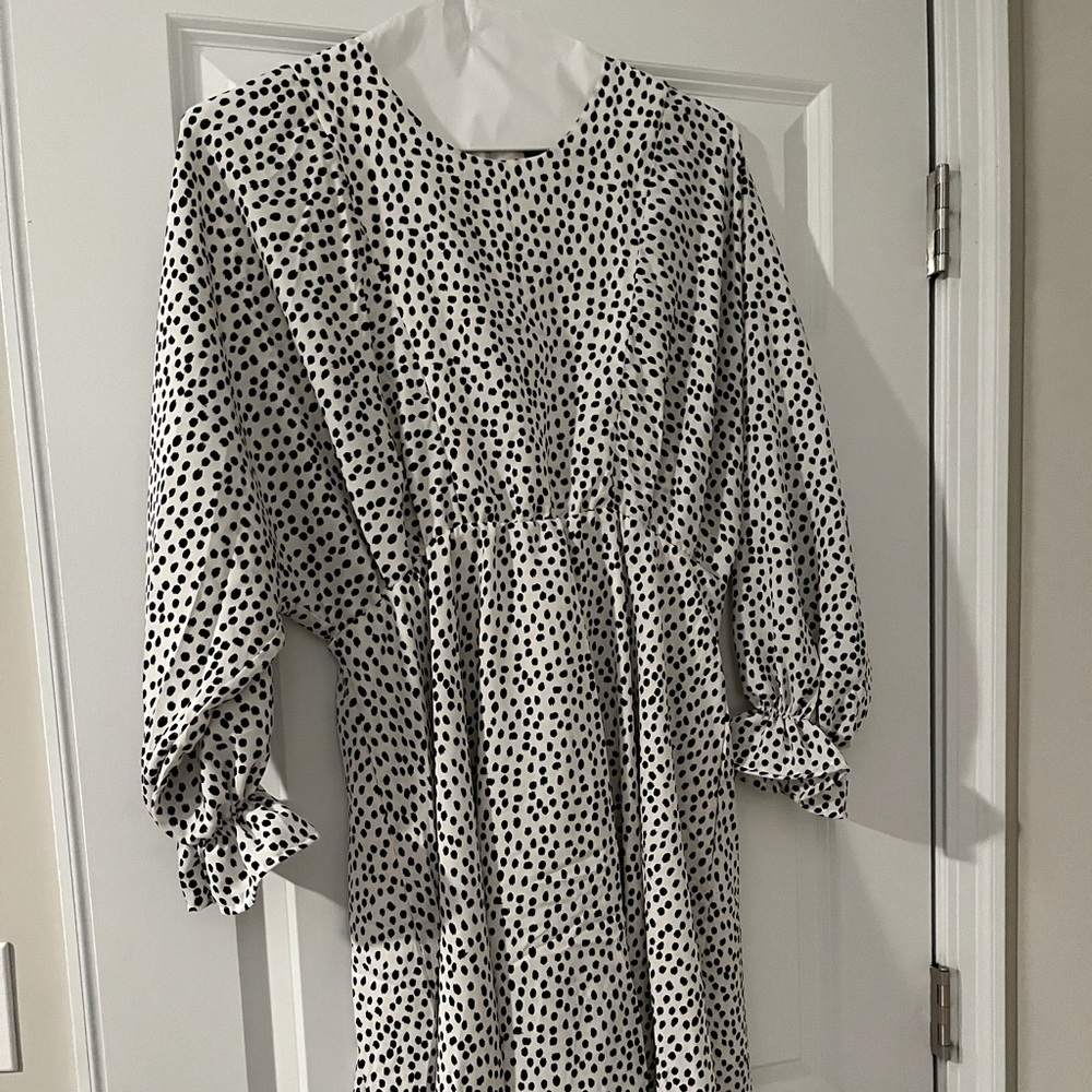 Perfect for spring dress. Sheer sleeves, white and black polka dots,